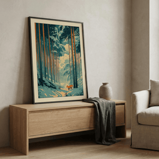 Japanese Fox Woodblock Print leaning on a wooden sideboard with a ceramic vase and grey cloth in a neutral room