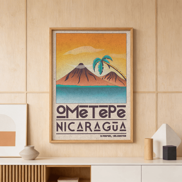 Framed Ometepe Nicaragua Poster with volcanoes and palm tree in retro style on a wooden panel wall