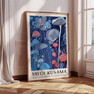 Mushroom print leaning against a white wall with a wooden floor and natural light
