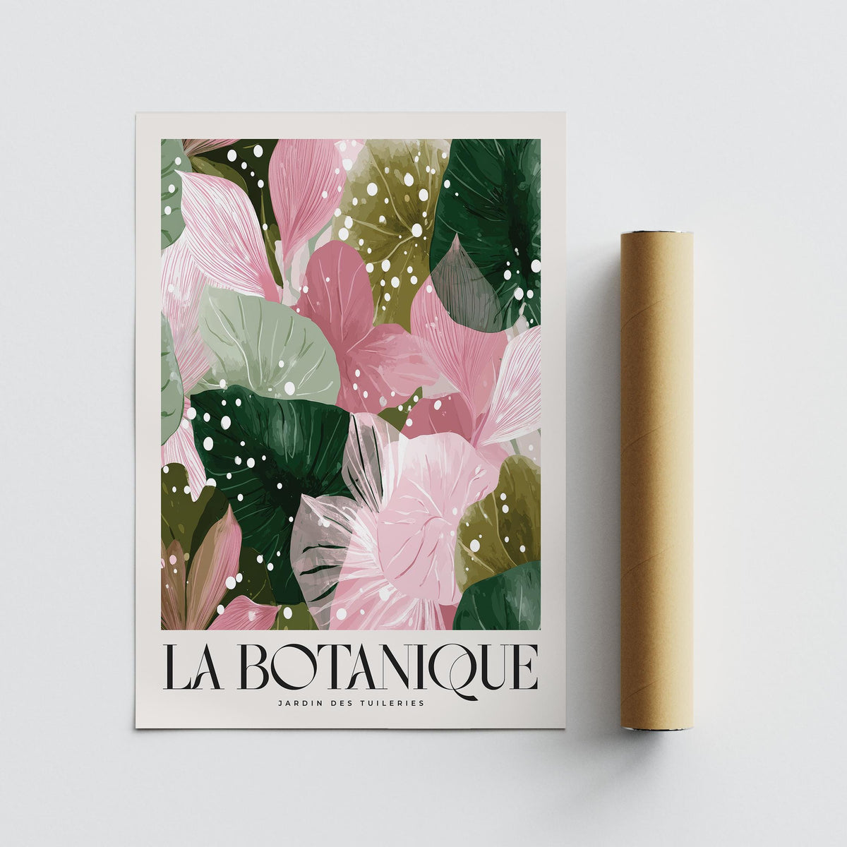High Quality Art Prints with decorative botanical leaves in pink and green next to packaging tube