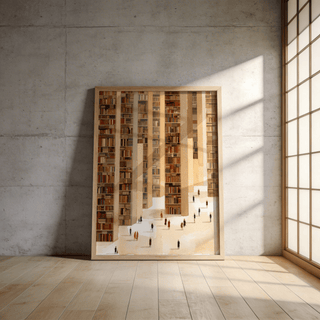 Print of a library art print leaning against a concrete wall with shadows and wooden floor