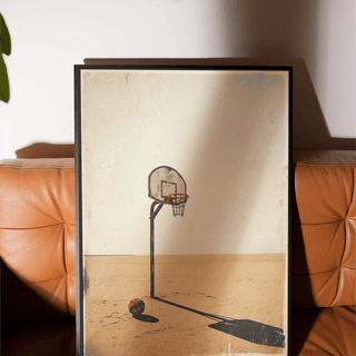 Framed Basketball Hoop Art print leaning on a brown leather sofa with desert colours and minimalist style