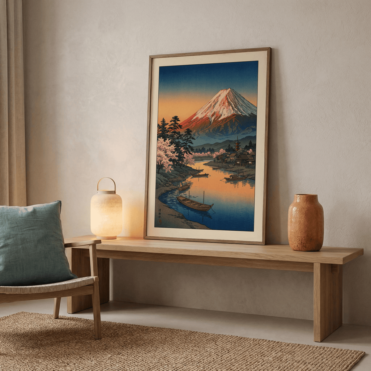 Framed Mount Fuji Sunset Poster with warm colours and boats leaning on a wooden bench with vases