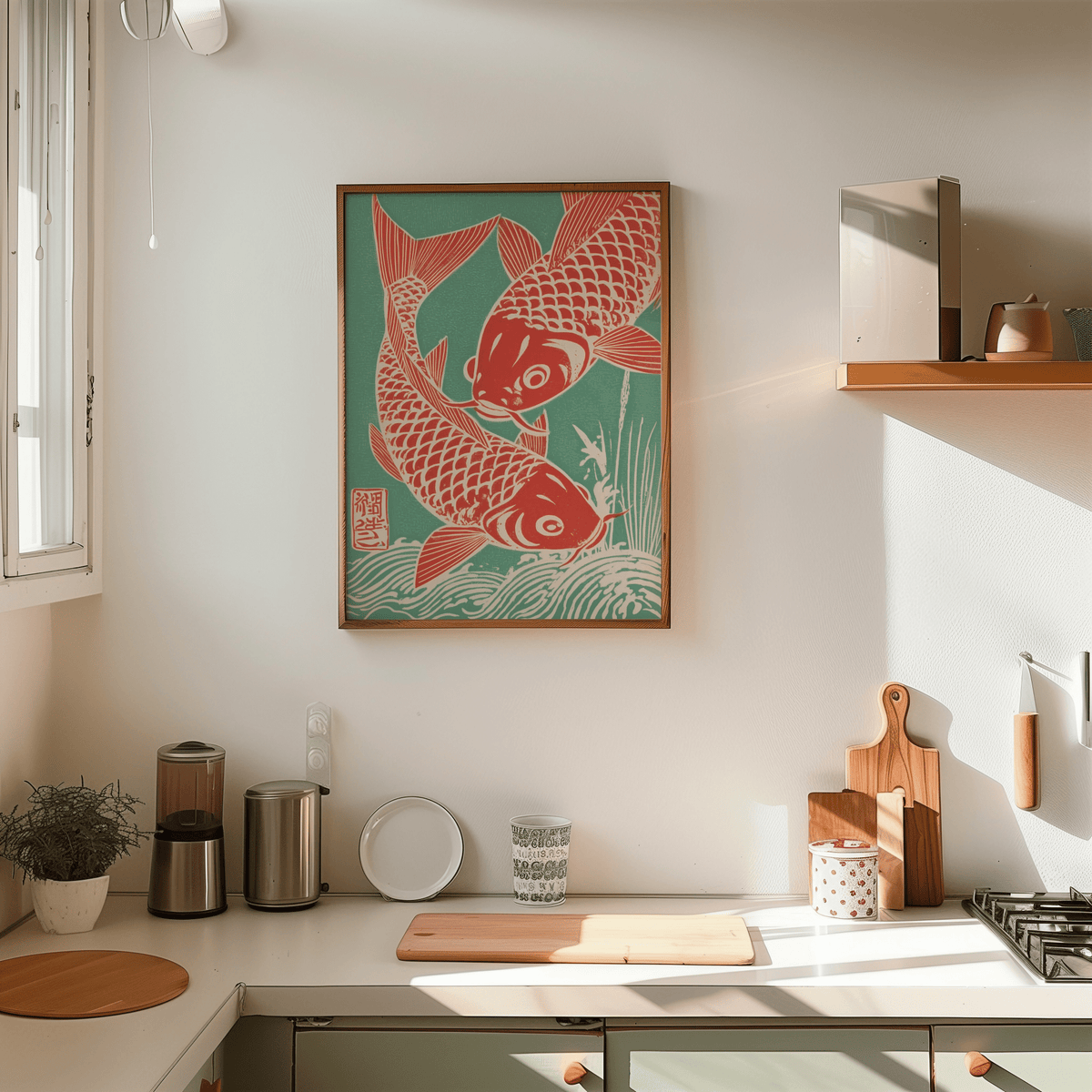 Red Koi Art on a kitchen wall with red and green minimalist japanese-woodblock style and natural wooden shelf