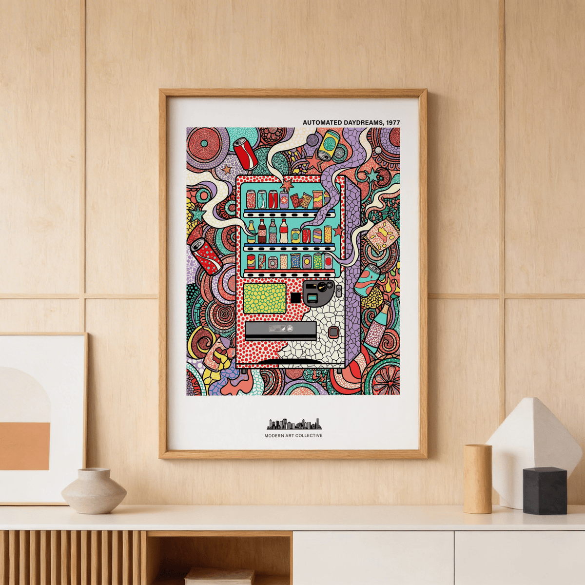 Vending machine art print in colourful abstract style framed above a sideboard with ceramics