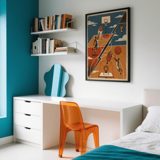 Basketball art print of a retro basketball dunk scene on a white wall beside an orange chair and shelf