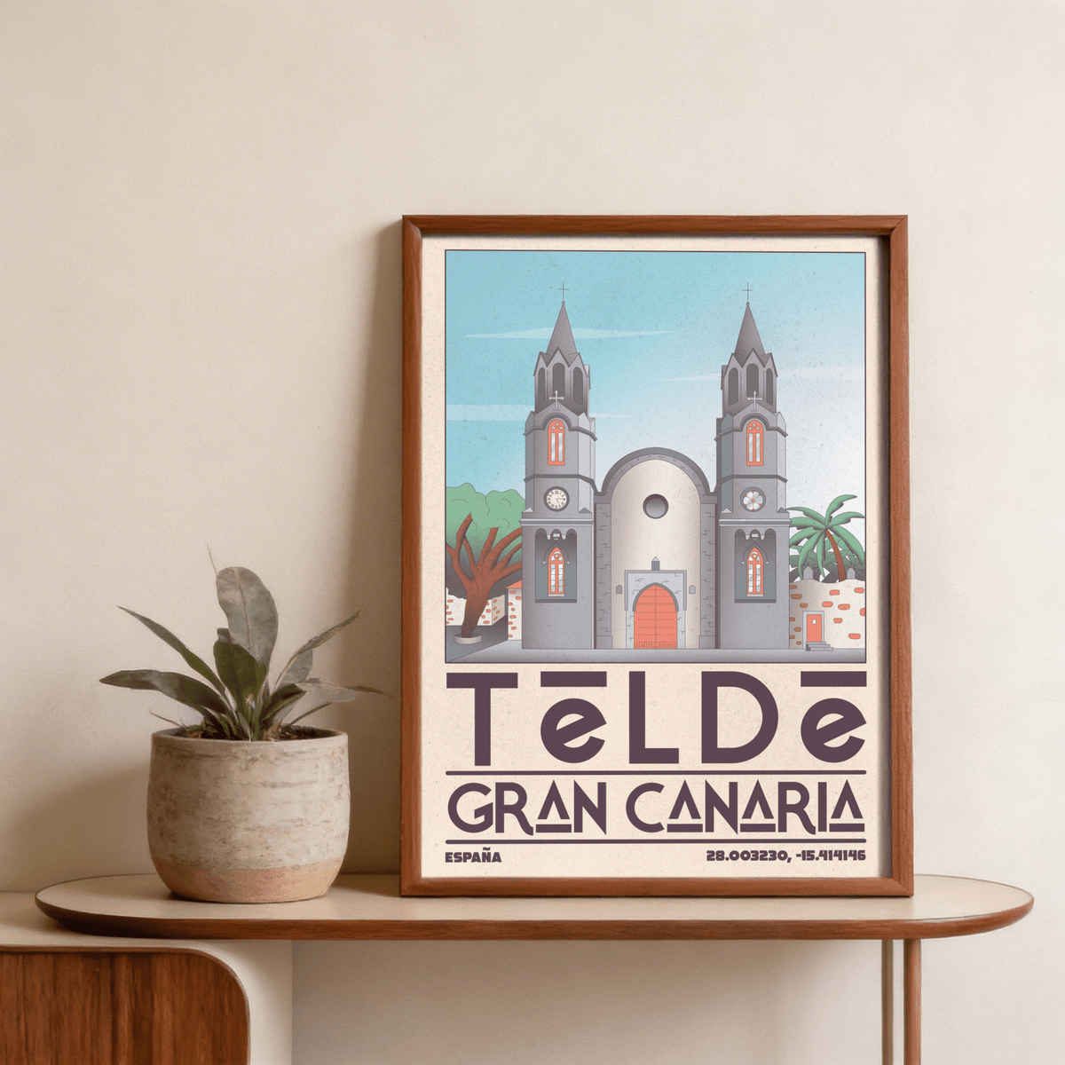 Framed Telde Gran Canaria art print of a cathedral facade with blue sky and trees near a plant