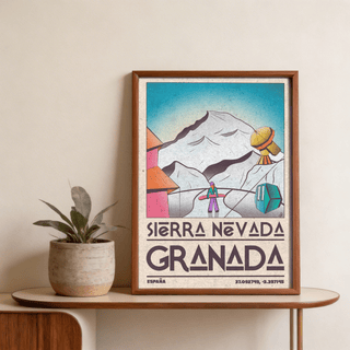 Framed Sierra Nevada art print of snowboarder in pastel retro mountain scene on wooden shelf with potted plant