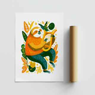 Sloth art print of a playing sloth in orange and green colours with a rolled packaging tube