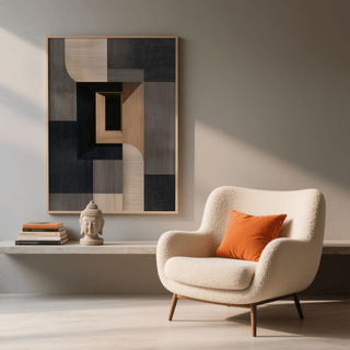 Abstract Wabi Sabi print with minimalist geometric shapes in beige and black above a shelf with stacked books and a bust