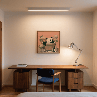 Panda Bath Print on a wall above a wooden desk with a blue chair and a desk lamp