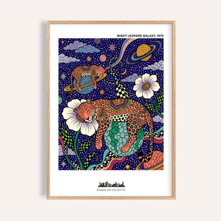 Framed Leopard Galaxy art print of two sleeping leopards on planets with stars and flowers