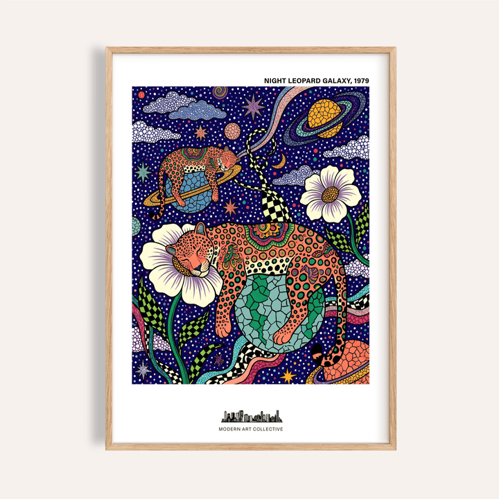 Framed Leopard Galaxy art print of two sleeping leopards on planets with stars and flowers