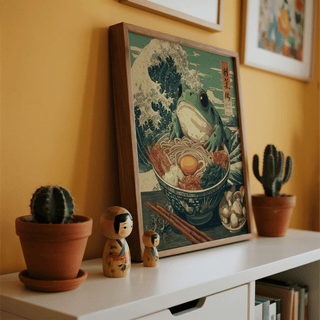 Frog Ramen Art framed print with a green frog and bowl of ramen on a white shelf with plants