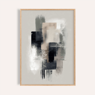Framed Large Wabi Sabi Print with soft layered abstract shapes in beige black and grey on a pale background