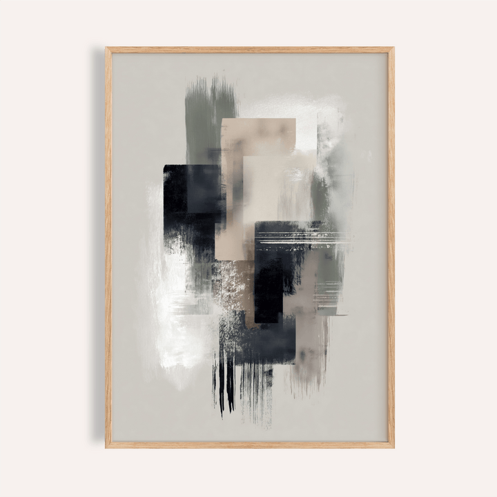 Framed Large Wabi Sabi Print with soft layered abstract shapes in beige black and grey on a pale background