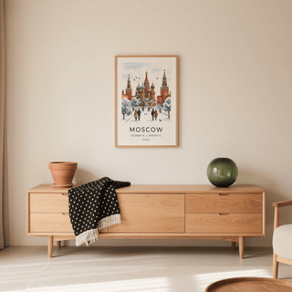Moscow City Art Print watercolour of St Basil's cathedral with winter trees above a wooden sideboard