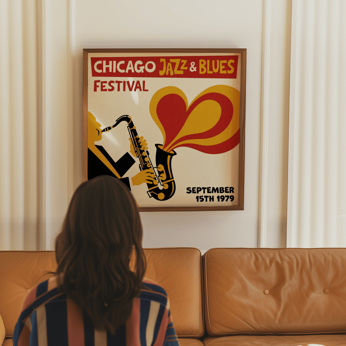 Chicago Blues Poster framed print on a wall with a saxophone player illustration in warm retro colours above a brown leather sofa
