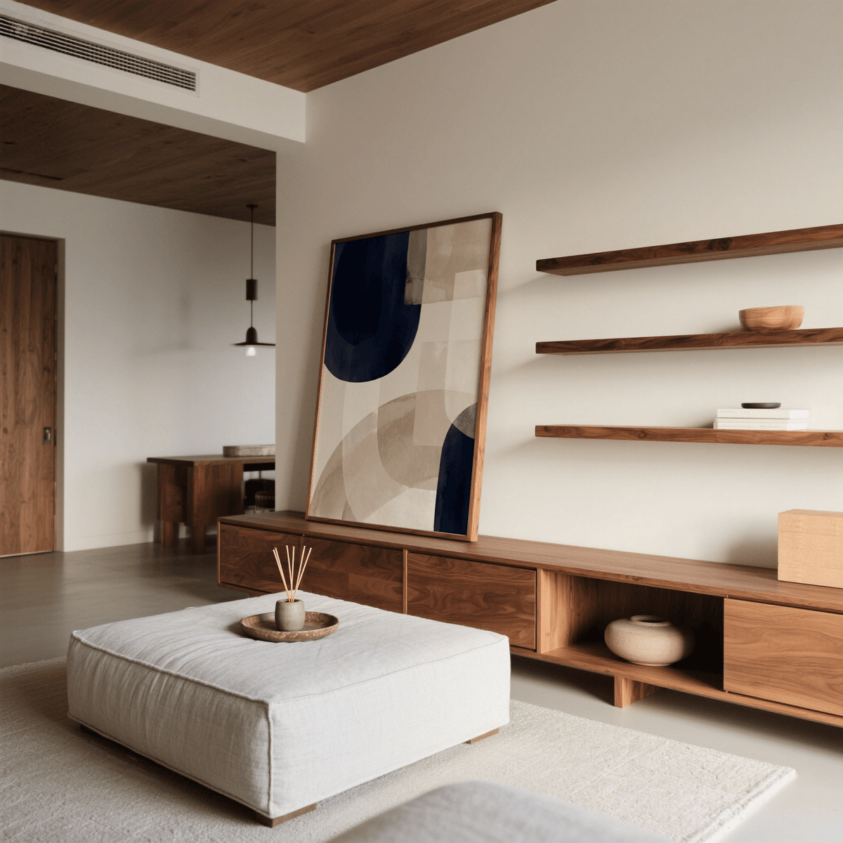Shapes minimalist print leaning on a wooden sideboard with earth tones and navy blue in a living room