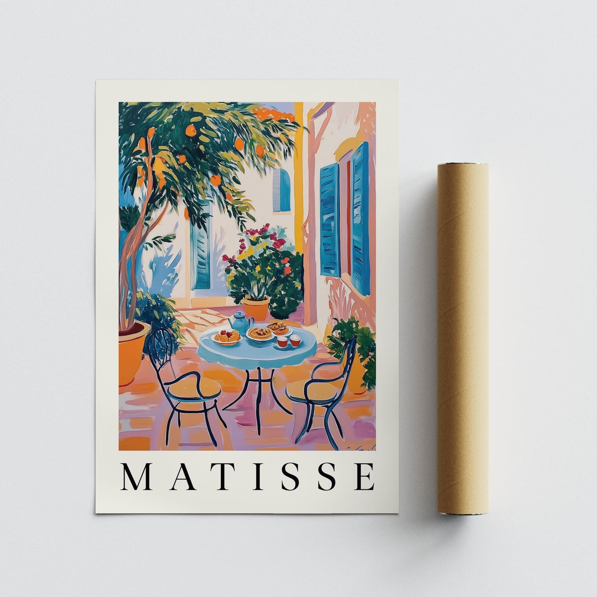 Wall Art Mediterranean illustration with a citrus tree and patio scene alongside packaging tube