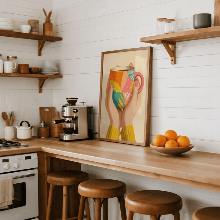 Print of coffee mug art leaning on a kitchen counter beside a bowl of oranges and stools