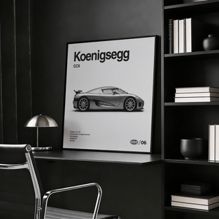 Close-up of Swedish Supercar Art Print showing detailed side profile in monochrome