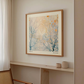 Minimalist Poster Art in a wooden frame showing abstract branches with dots above a light wood shelf with two pots