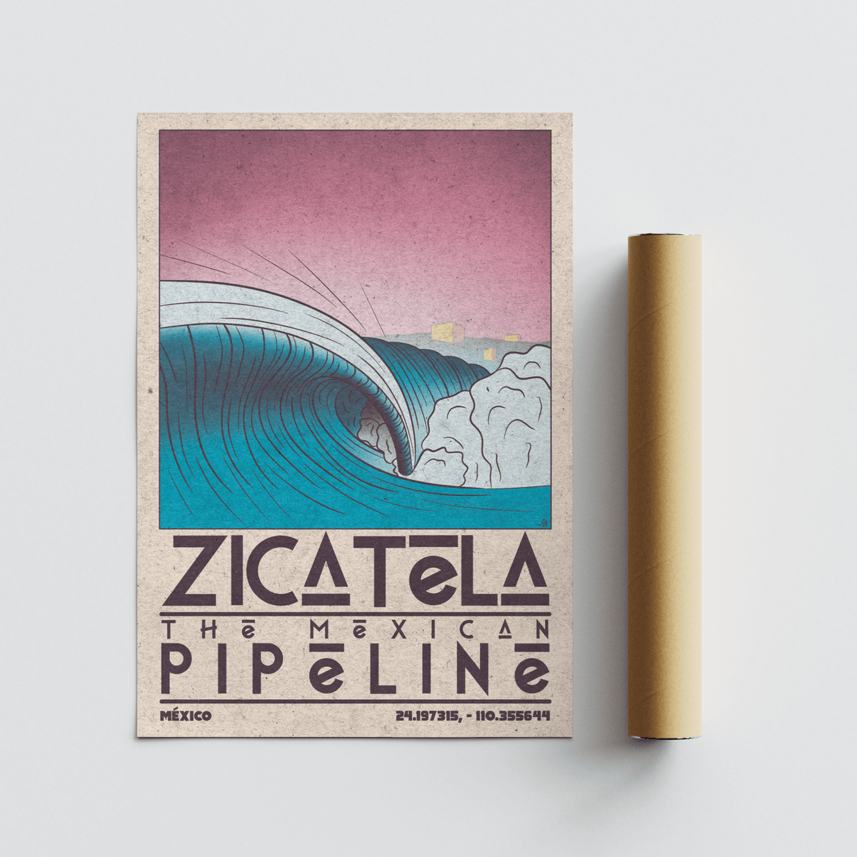 Mexican Beach Art vintage ocean wave illustration with pink sky and blue water beside a packaging tube