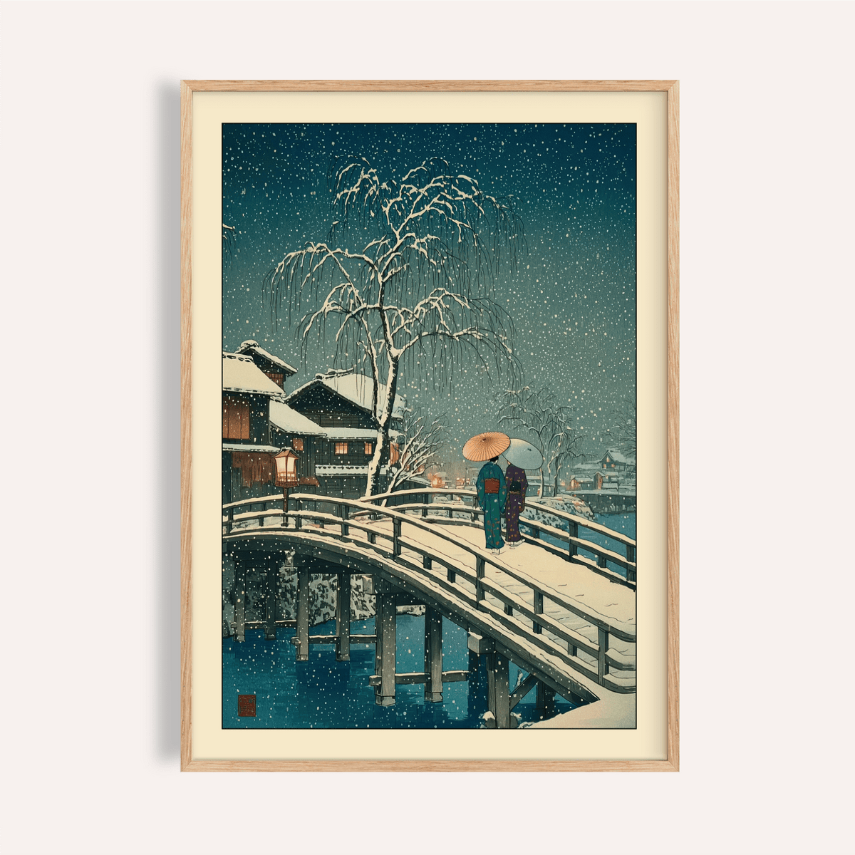 Framed Hasui Kawase snow print of a snowy bridge with two people and a weeping tree