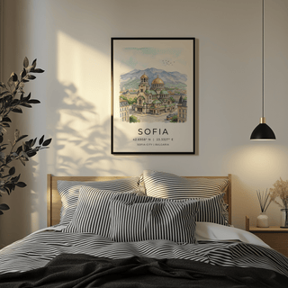 Sofia City Art Print watercolour illustration of Alexander Nevsky Cathedral in a bedroom with striped bedding