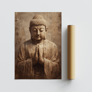 Meditative Art Print of a buddha statue with praying hands in warm brown hues next to a packaging tube