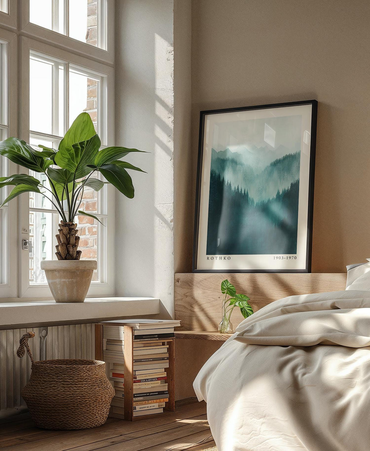 Mountain wall art leaning on a bedside shelf with green plants and wooden floor
