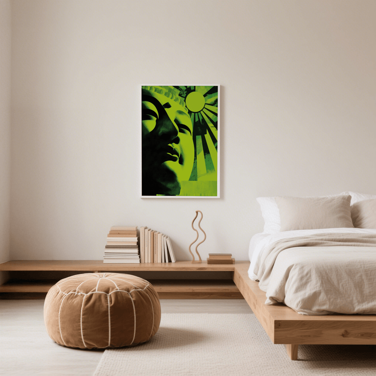 Zen Face wall art with a green and black pop-art Buddha face above a wooden platform in a bedroom