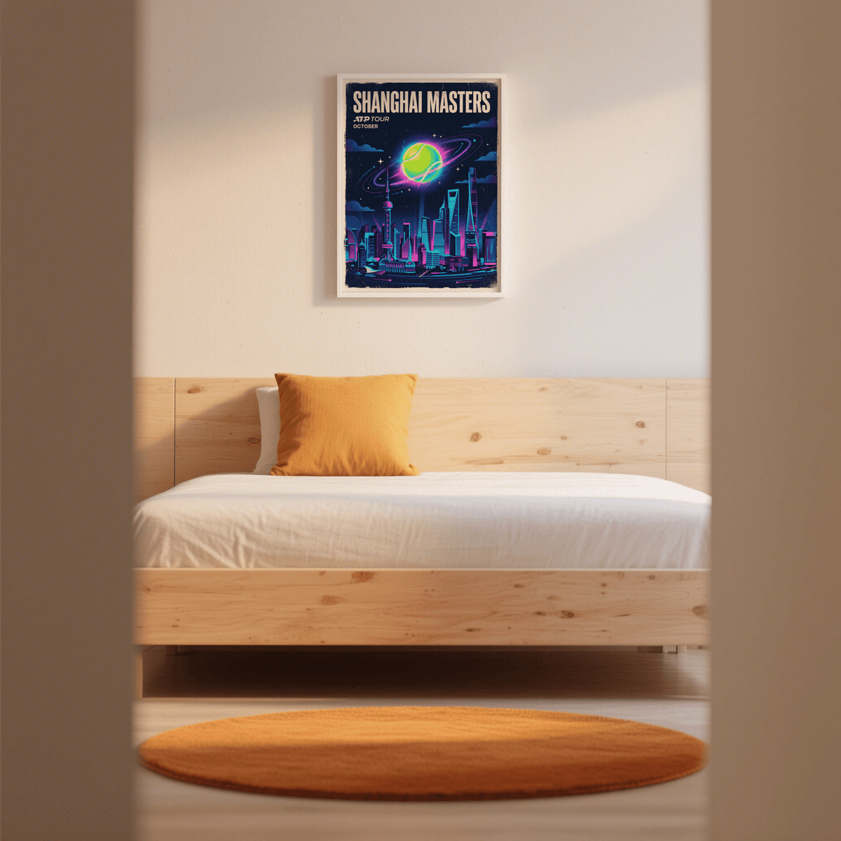 Print on a wall of Shanghai Masters tennis print with a neon green tennis ball planet above a wooden bed with orange cushion in a bedroom