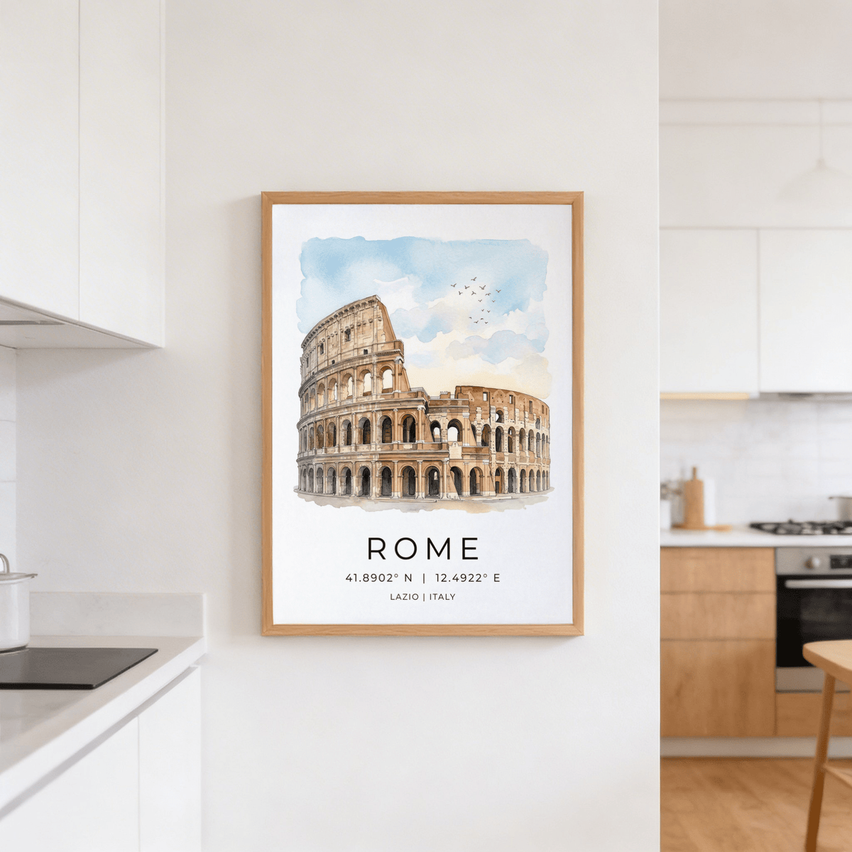 Rome Colosseum art print in watercolour with a pale blue sky above a modern kitchen