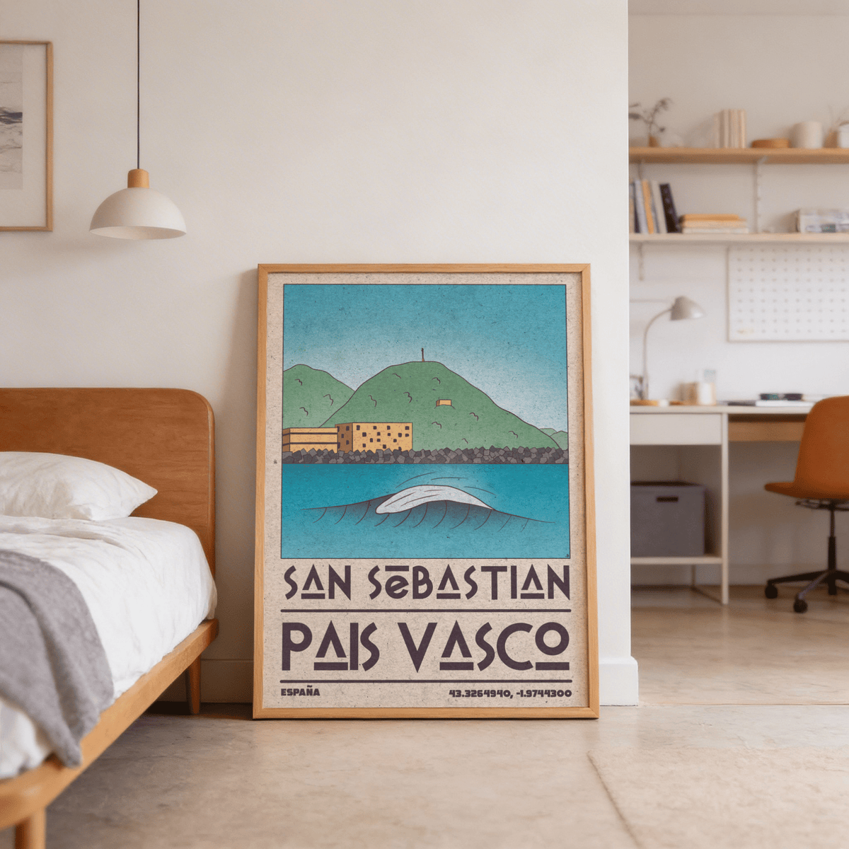 Pais Vasco print of a minimalist breaking wave with green hills leaning against a wall beside a bed