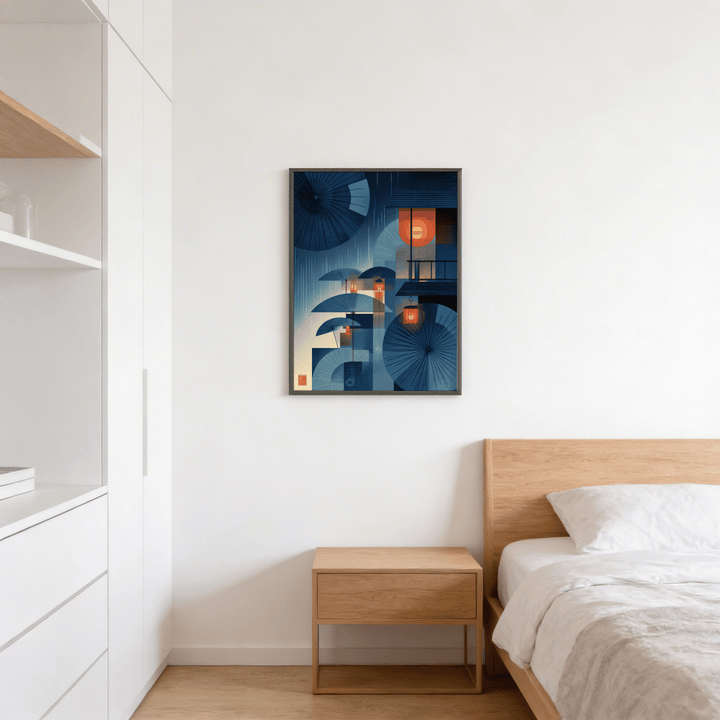 Japanese Umbrella wall art in blue and orange tones hanging above a wooden bedside table in a bedroom