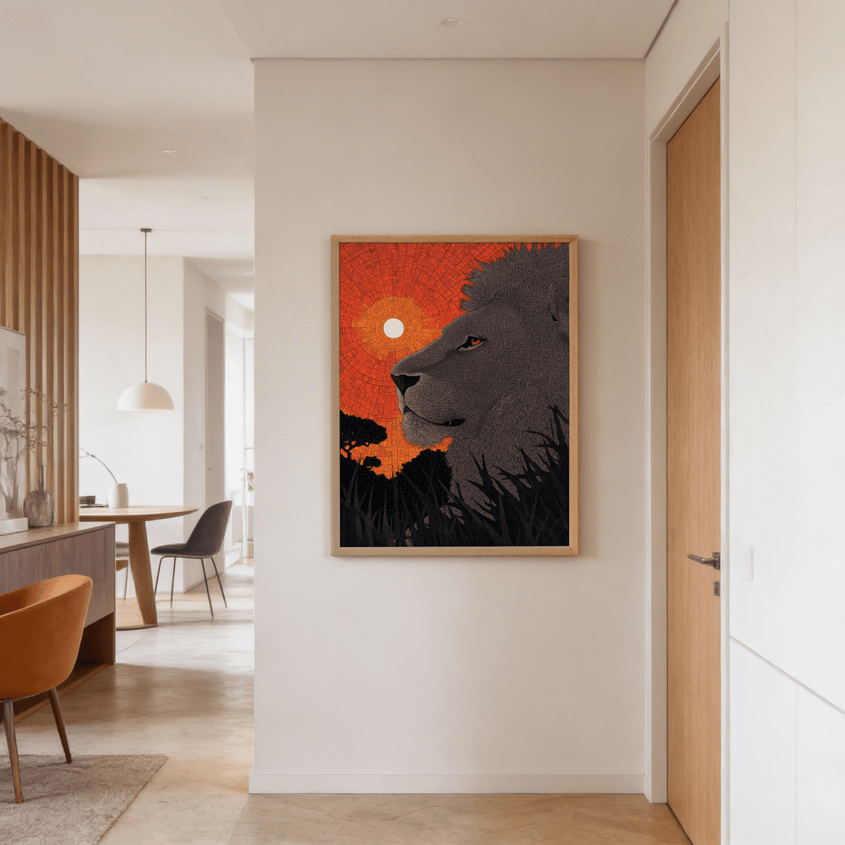 African Landscape wall art of lion face silhouette with orange sunset in a modern hallway