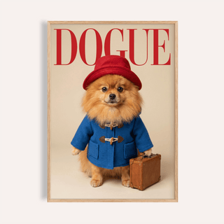 Pomeranian Poster framed print of a dog in blue coat and red hat holding a brown suitcase