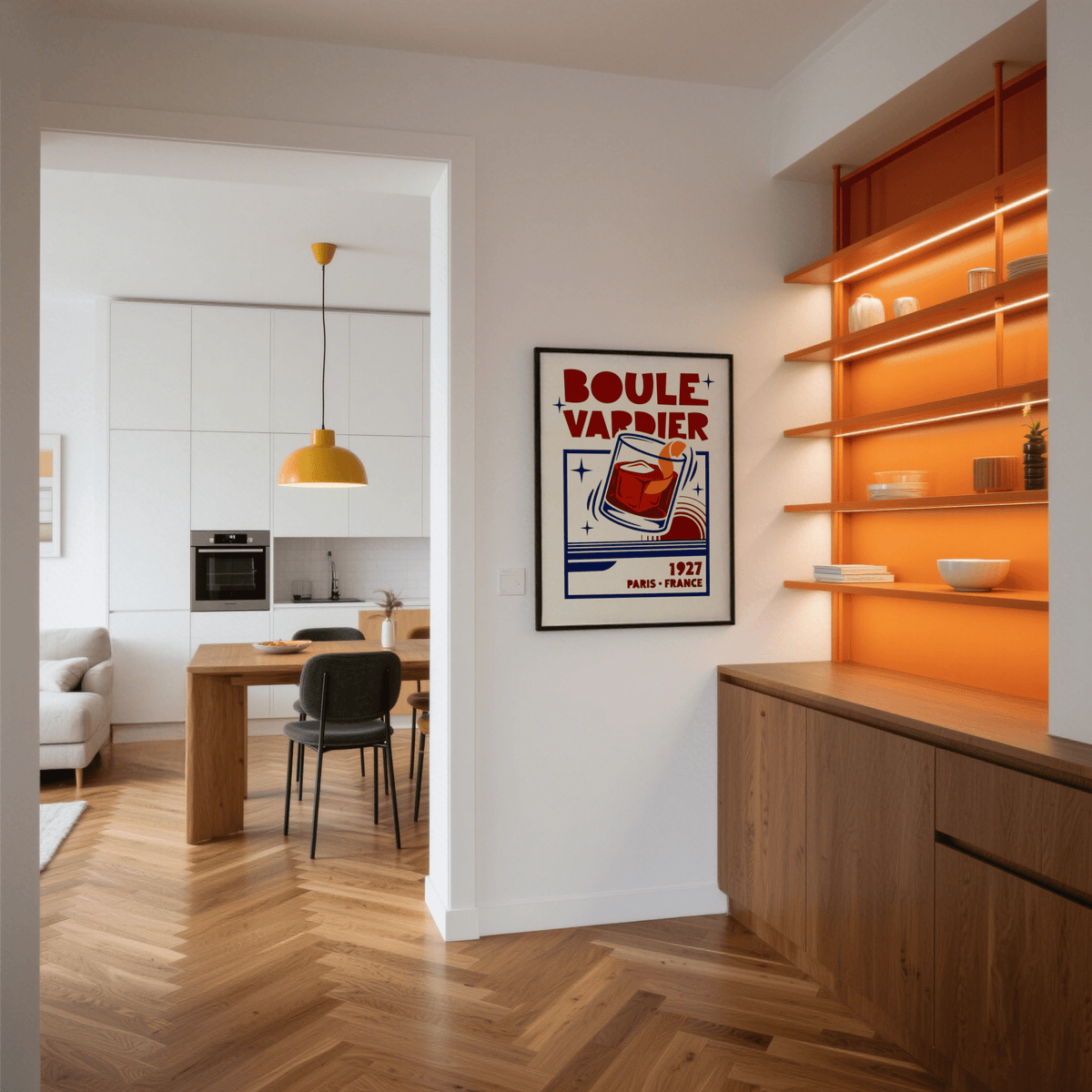 Boulevardier Cocktail Print framed on a white wall with warm wood and orange shelving nearby