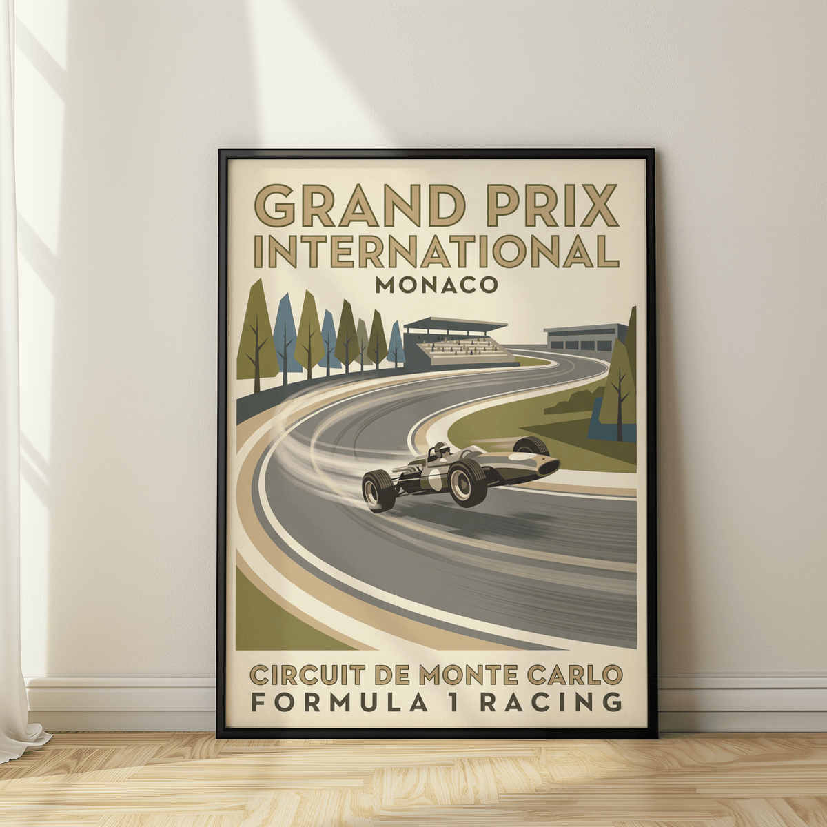 Racing print of open-wheel vehicle drifting through a curved race track with grandstands in the background