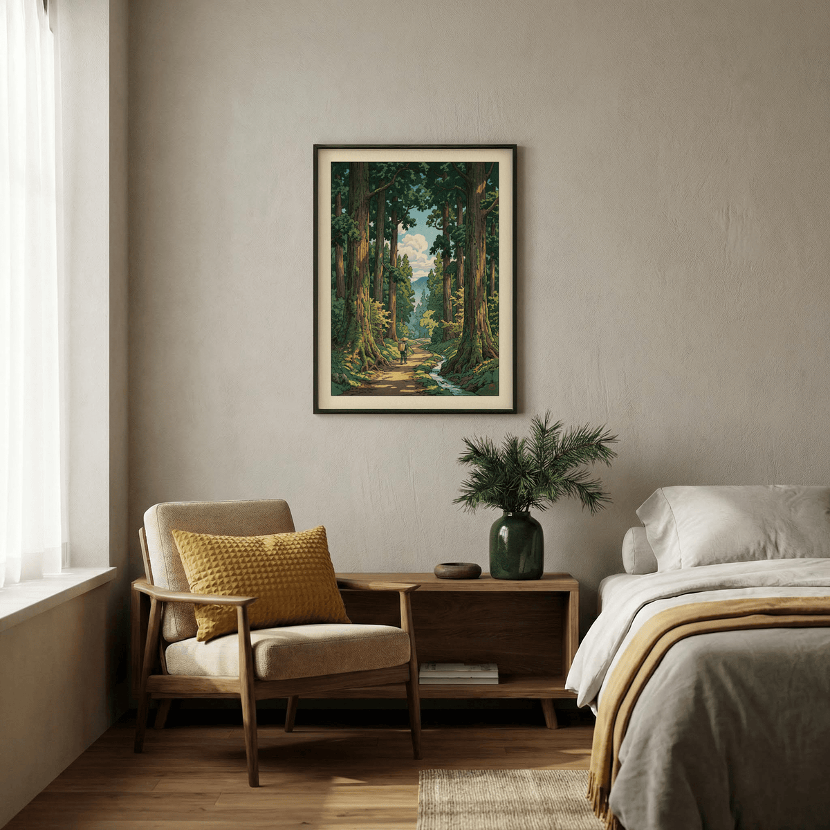 Forest Path wall art of a hiker on a path among tall trees in green and brown tones in a bedroom with a chair