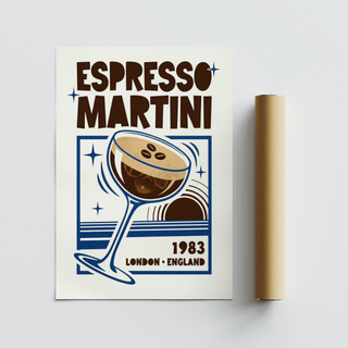 Espresso Martini Print with retro illustration and typographic style alongside a brown packaging tube