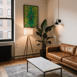 Colorful Water Lily Poster print on a wall with a person in a boat among green and pink lilies above a standing lamp in a living room