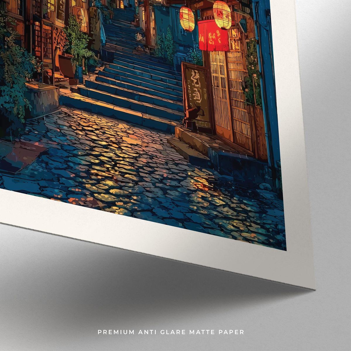 Close-up of Japanese Drawing showing wet cobblestone street and steps with warm lantern light reflections