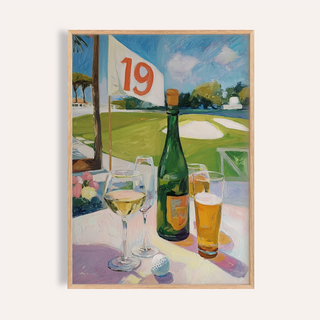 Framed close-up of golf drinks illustration with a green bottle and glasses on a white table
