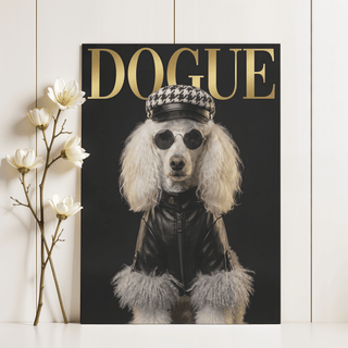 Dog Fashion Print of a white poodle in a black leather jacket and patterned hat with flowers beside it