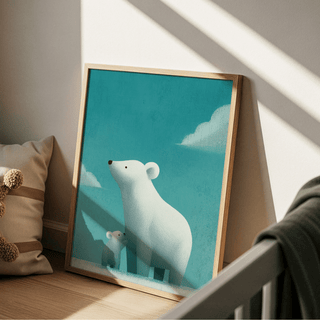 Polar Bear Print leaning on floor showing a minimalist white bear and cub on teal background with cushion nearby