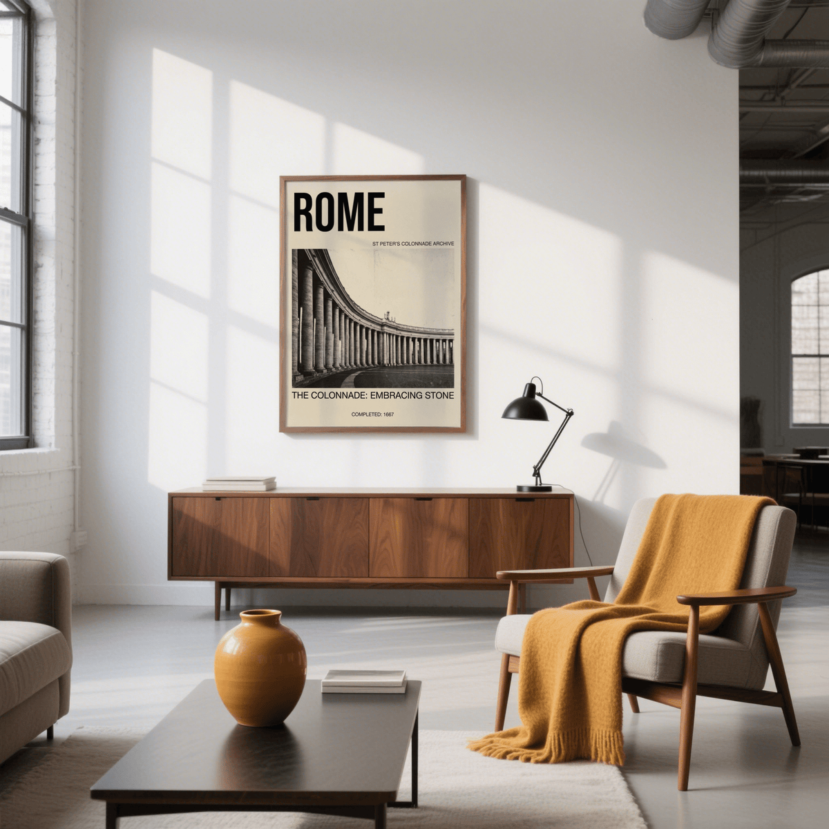 Colonnade Architecture Art Print of St Peter's colonnade in black and white above a wooden sideboard in a living room