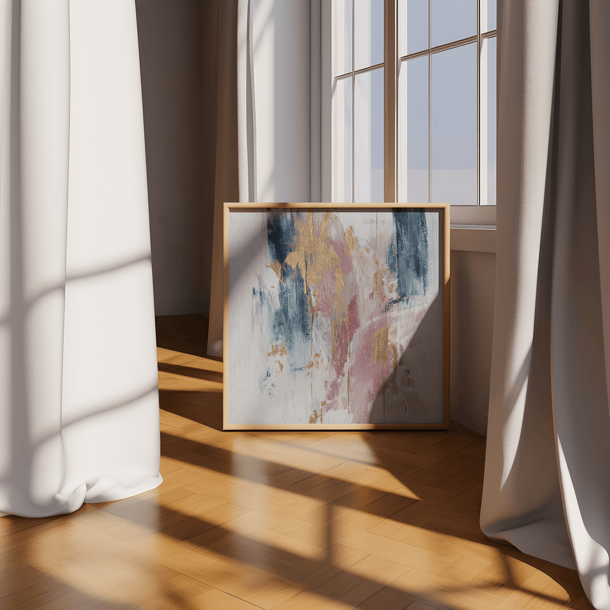 Print leaning on a floor by a window with curtains showing abstract paint strokes in pink blue and gold